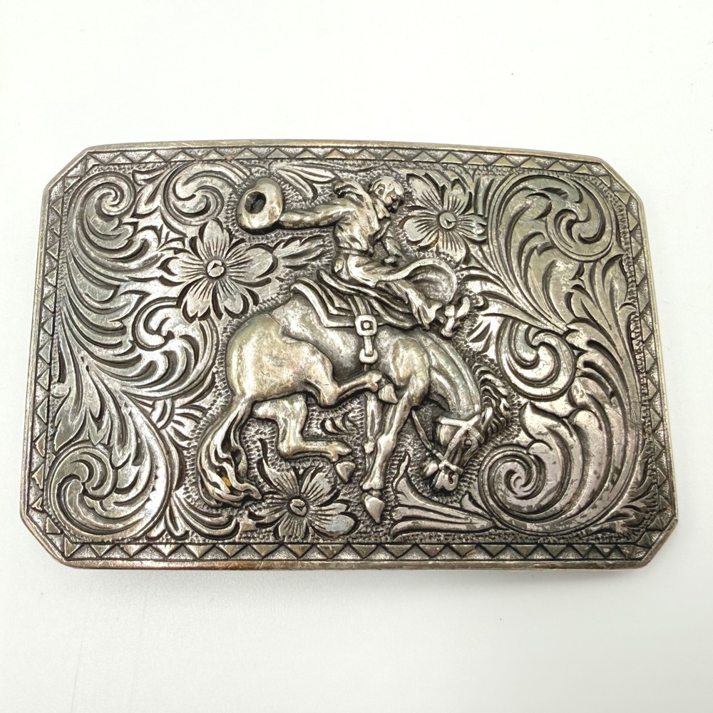 Unbranded Belt Buckle Mens Silver Western Bucking Bronco Floral Scroll Relief